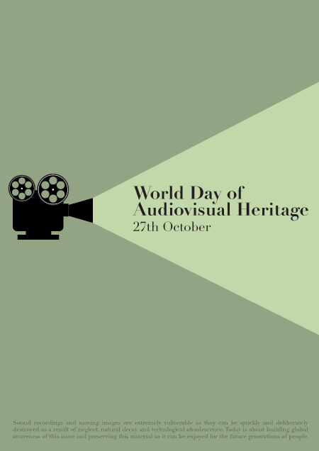 Film camera beaming text 'World Day of Audio Visual Heritage'