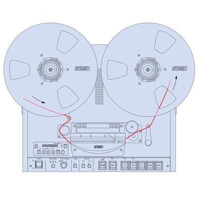 drawing of tape machine with red line indicating the path of tape from spool to spool via playhead