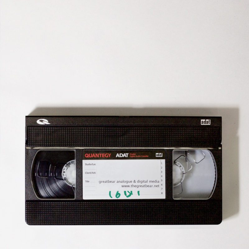 black rectangular plastic ADAT cassette - closely resembling S(VHS) video cassette but with text: Quantegy ADAT Master Digital Audio Cassette