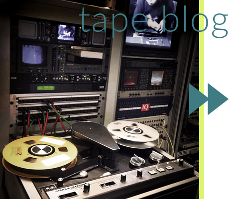 Text: tape blog. Image: Ampex VR 5103 A Format 1 inch video machine in studio with video monitors