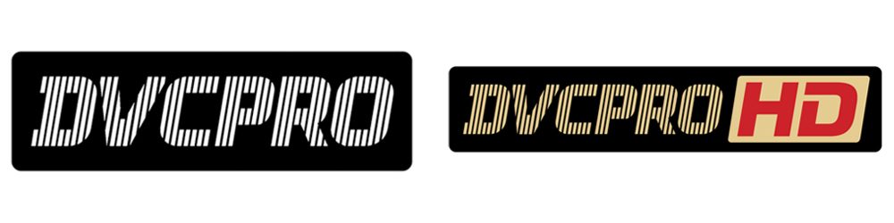 DVCPRO logo white on black and DVCPRO HD logo gold and red on black