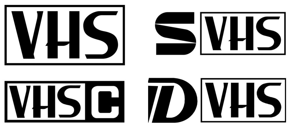 VHS, SVHS. VHSC and DVHS logos, black and white