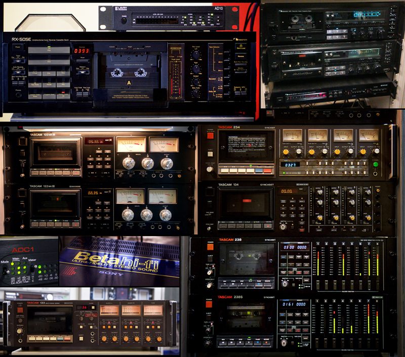 sound studio: racks of analogue audio cassette machines and digital converters