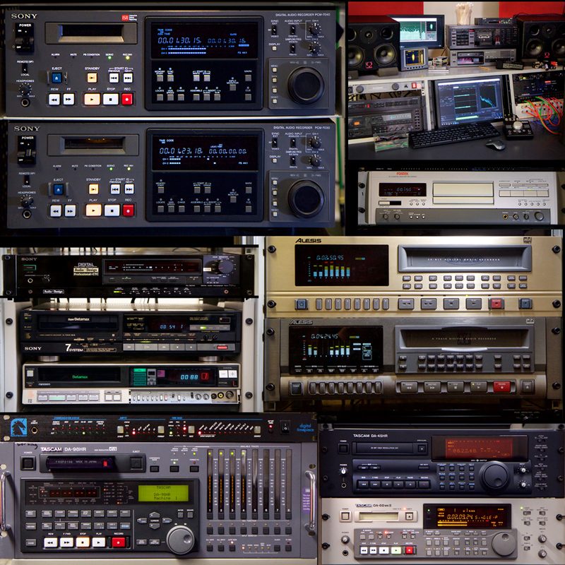 sound studio: racks of digital audio cassette machines and waveform monitors