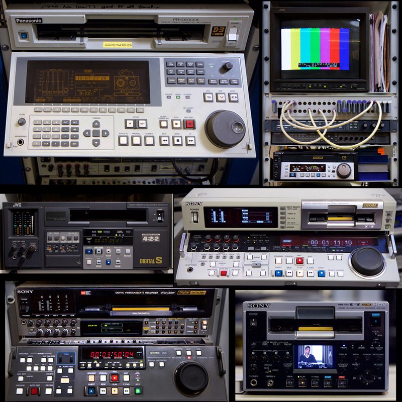 racks of large digital video cassette machines, labelled in caption.