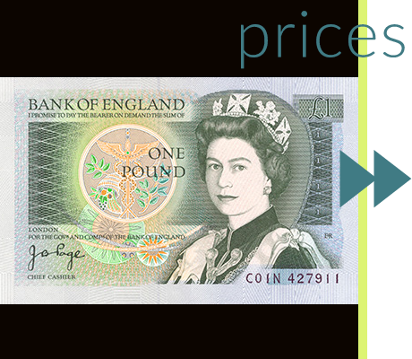 Text: prices. Image: old one pound note on black background