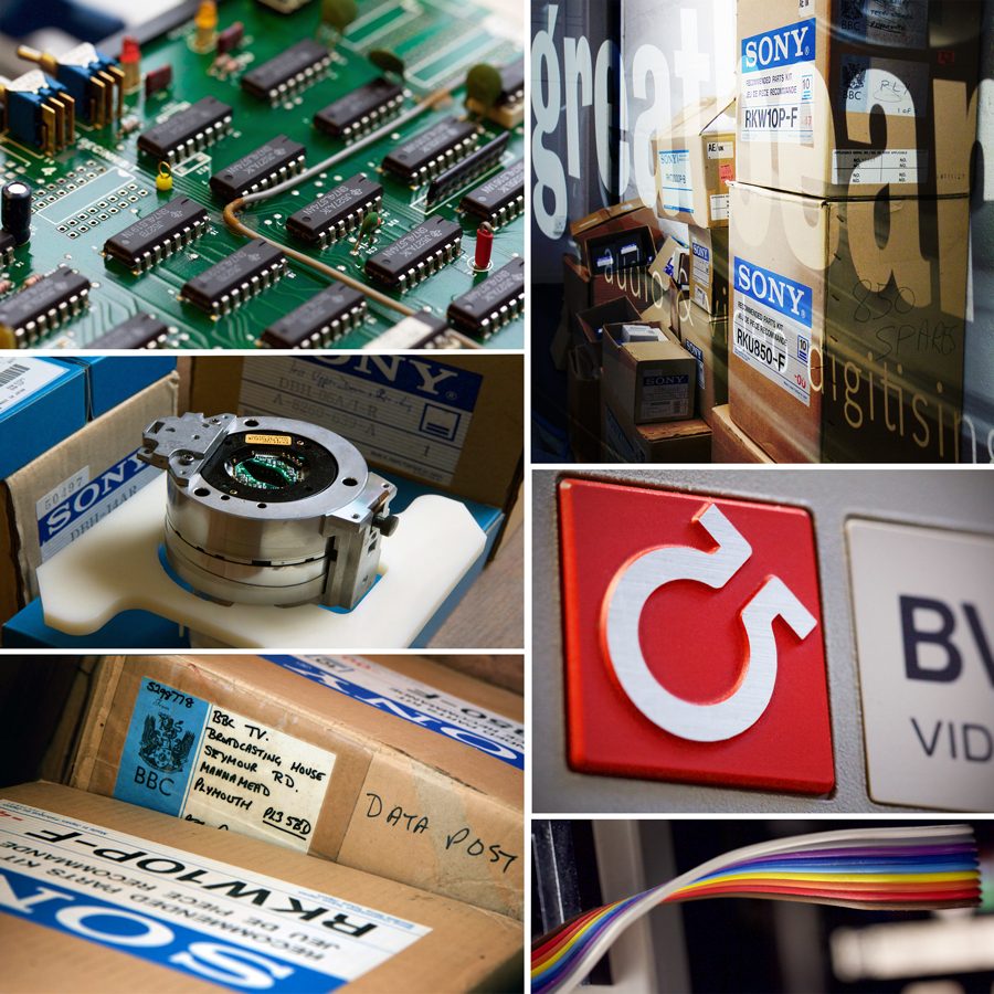close up of Sony BVH-2000PS motherboard; Sony boxes lining Greatbear studios corridor; close-up of Sony 1" VTR logo; ribbon cable; Sony and BBC TV labels; part-used Sony Digibeta drum