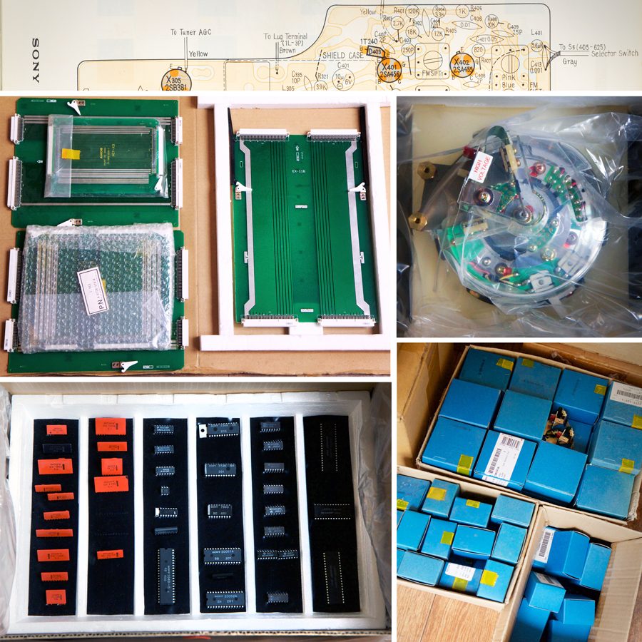 section of Sony service manual diagram; unused drum with "high voltage" sticker; multiple small blue parts boxes; tray of various replacement chips; 3 Sony extender boards